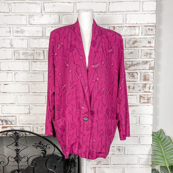 Vintage 80s Magenta Pink Floral Boho Southwestern Print Blazer Skirt Set 14 - Picture 2 of 11